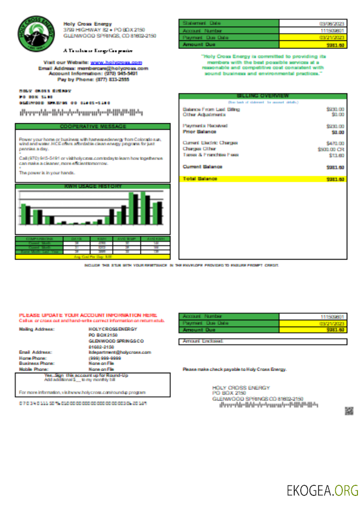 Facture commerciale du service public de Holy Cross Energy, GO
